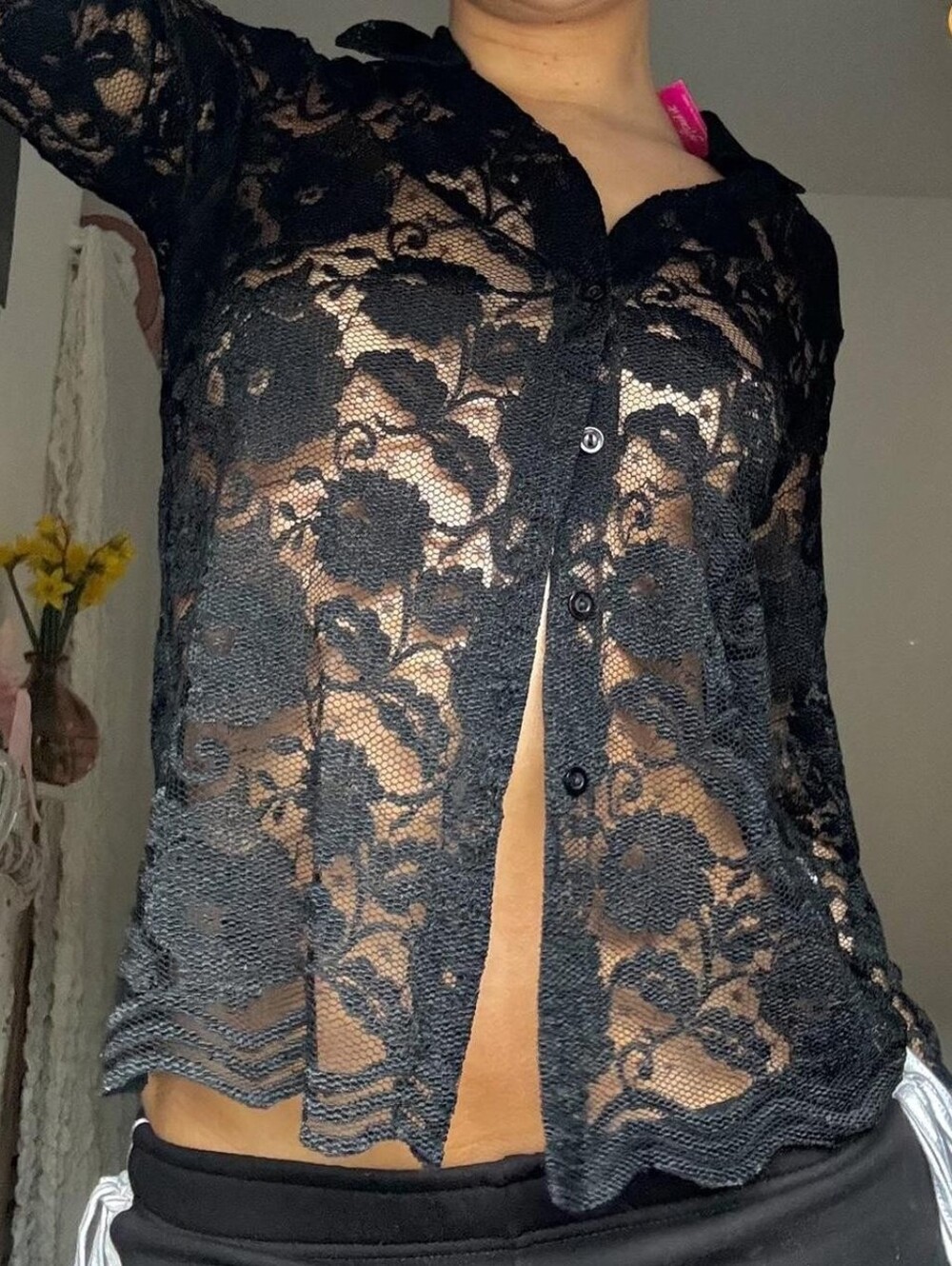 Nine West Sheer Black Floral Lace Button-Up Blouse
